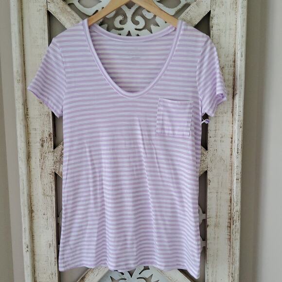 Caslon Women's Short Sleeve Pocket Cotton Tee in Purple Stripe - Picture 2 of 6